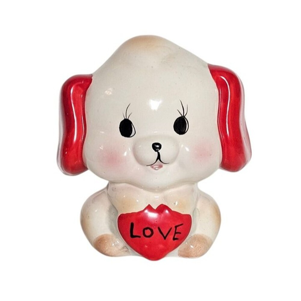 Vintage Mid-Century Ceramic Puppy Bank - Kitsch Puppy Dog with Heart "LOVE" 1950